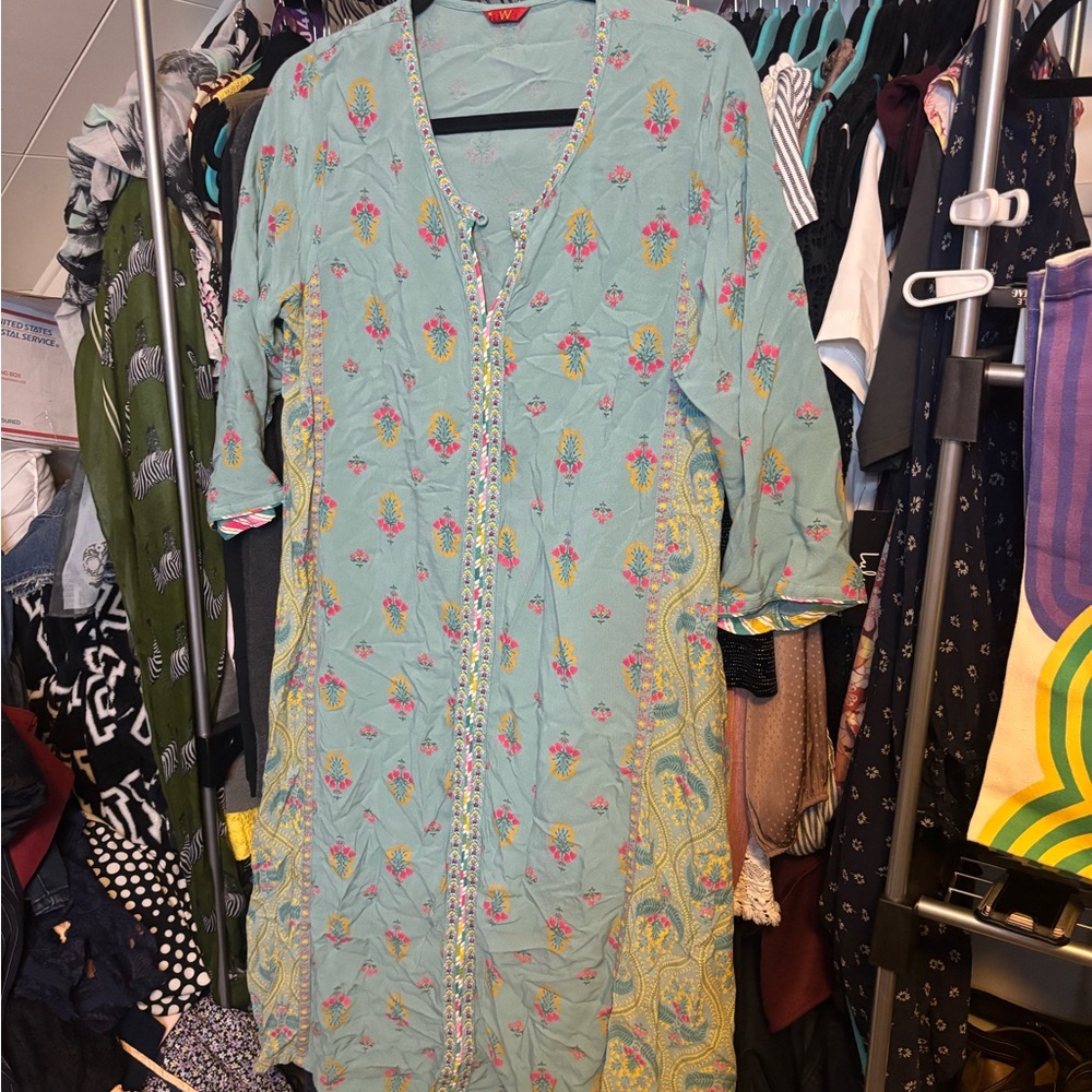 W for Women Blue and Pink Buttoned Maxi Dress